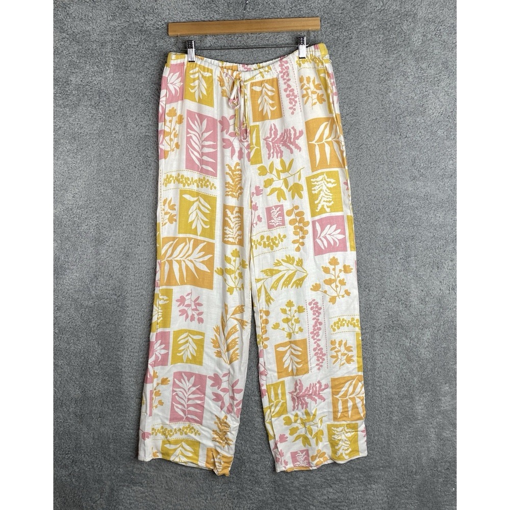 Sienna Sky Womens Pants Wide Leg Yellow Pink Botanical Print Drawstring Large